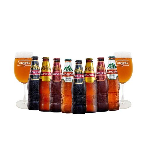 Pack 8 Cervezas Cusqueñas Variedades Botella 330ml + 2 Copas 500cc